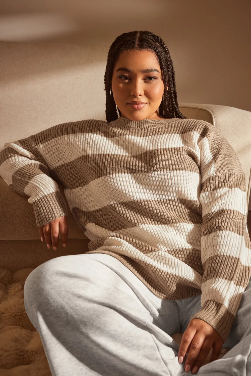 YOURS Curve Brown Stripe Ribbed Knit Jumper