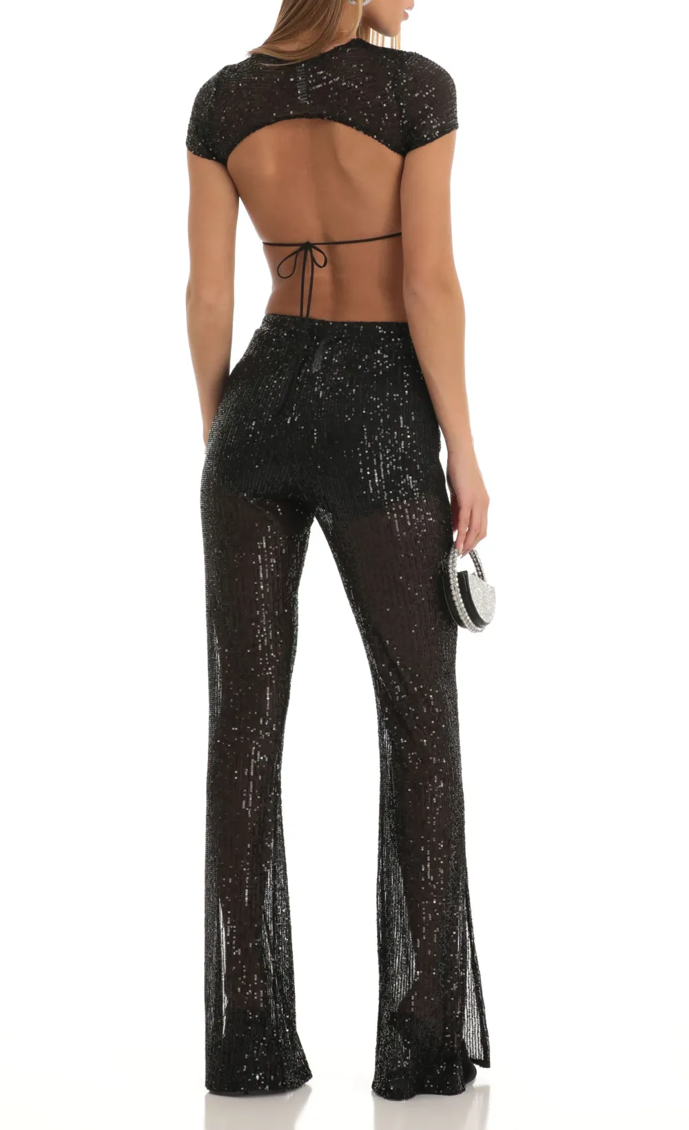 Sequin Two Piece Pant Set in Black