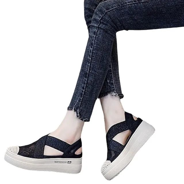 Women's Sandals Comfort Shoes Platform Sandals Daily Summer Flat Heel Vintage Elegant Casual Lace Mesh Loafer Solid Color Black Beige