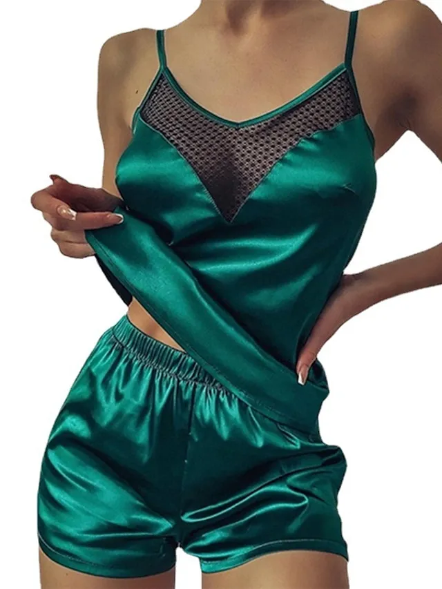 Women's Pajamas Sets Nighty Pjs 2 Pieces Pure Color Fashion Simple Comfort Home Daily Bed Satin Breathable Gift V Wire Sleeveless Shorts Backless Spring Summer Green Purple / Silk