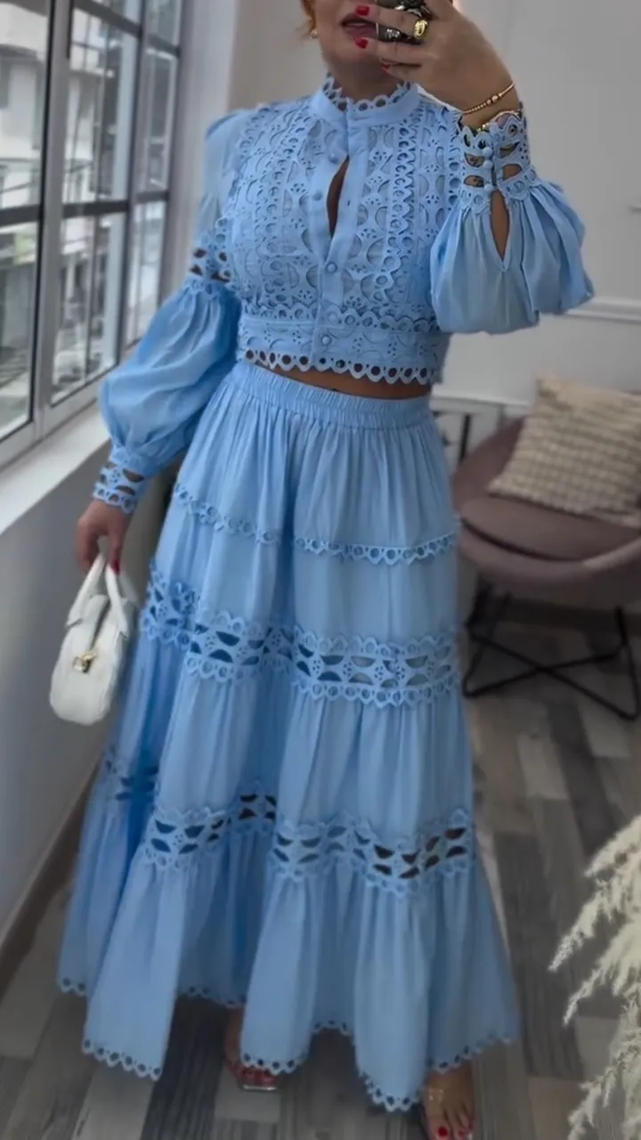 Women's Round Neck Lantern Sleeves Spliced ​​hollow Quality Suit