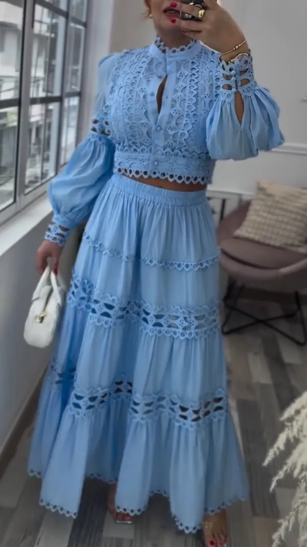 Women's Round Neck Lantern Sleeves Spliced ​​hollow Quality Suit