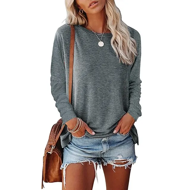 Women's Blouse Basic Plain Basic Round Neck Regular Fall Green Black Blue Pink Grey