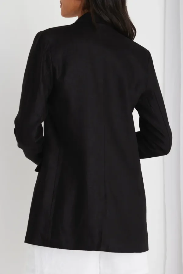 Black Linen Single Breasted Longline Blazer