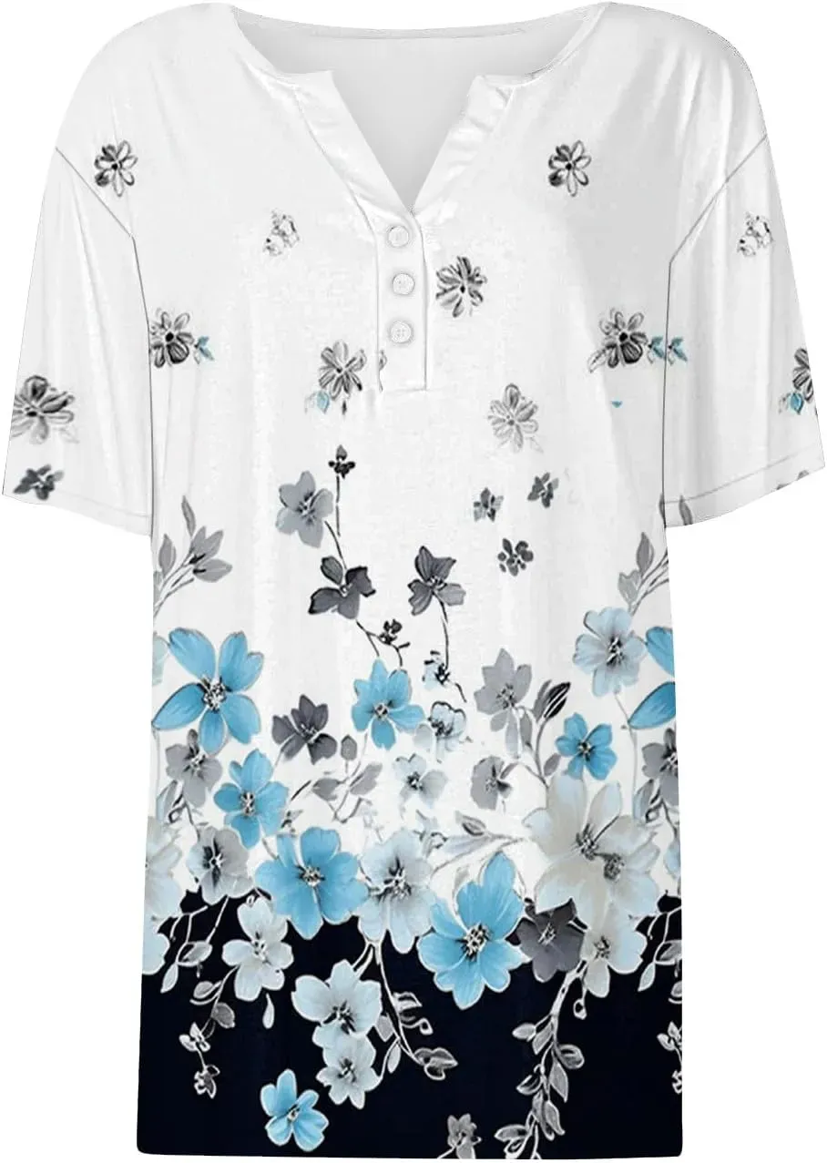 Shirts for Women Casual Printed Summer Tops Short-Sleeved Button V-Neck Tops Blouse Fashion Boho T-Shirts