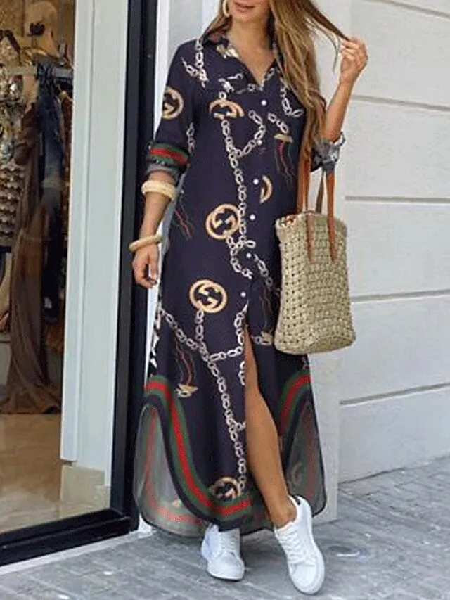 Women's Casual Dress Shirt Dress Casual Dress Geometric Print Button Pocket Shirt Collar Maxi long Dress Basic Casual Outdoor Daily Long Sleeve Regular Fit Leopard Pattern white Black Summer Spring S