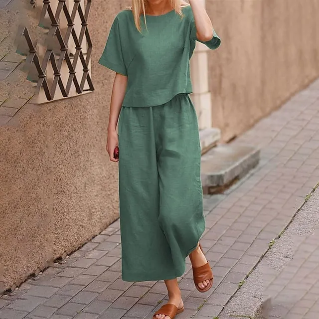 Women's Loungewear 2 Piece Linen Sets Solid  Color Crew Neck  Lounge Set Short Tops with Long Pants Spring Summer