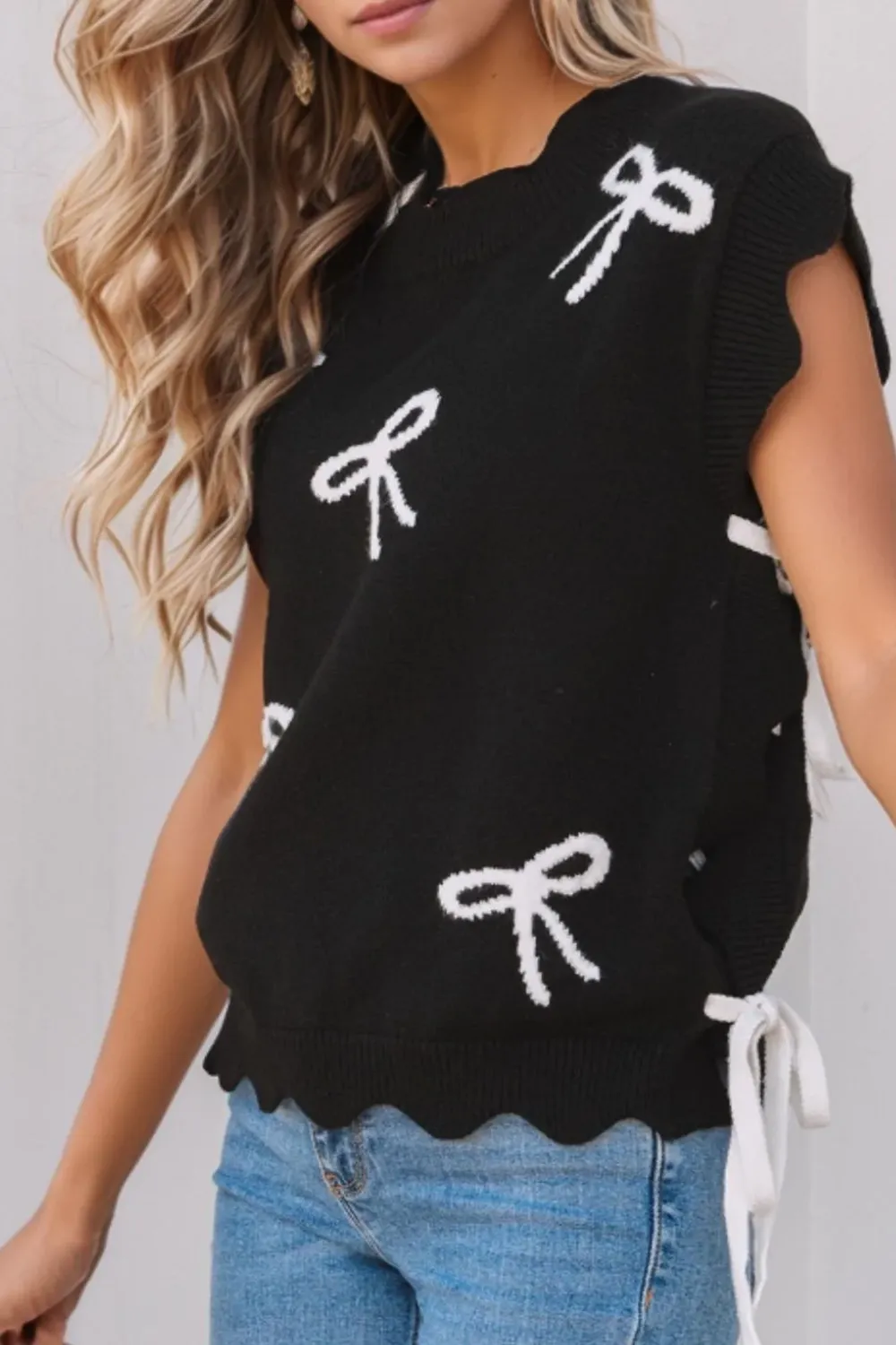 Bow Simple Temperament Fit versatile black  Knit Sweater