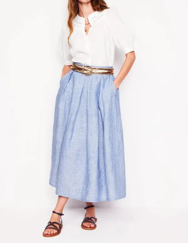 Linen Midi Skirt -Grey Blue Chambray