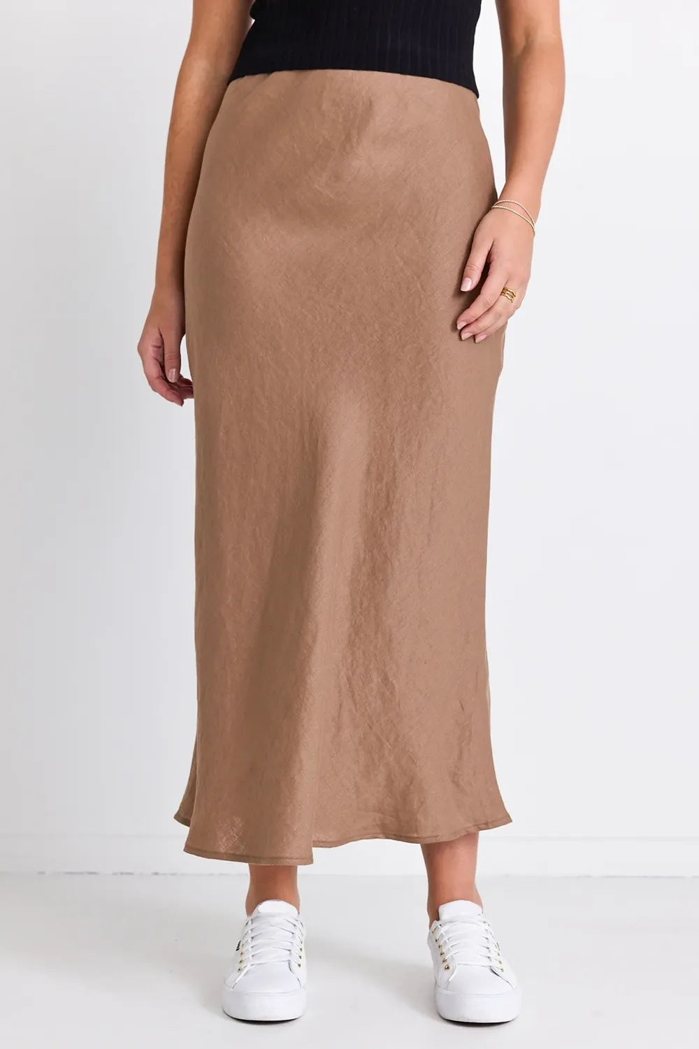 Beige Satin Slip Midi Skirt