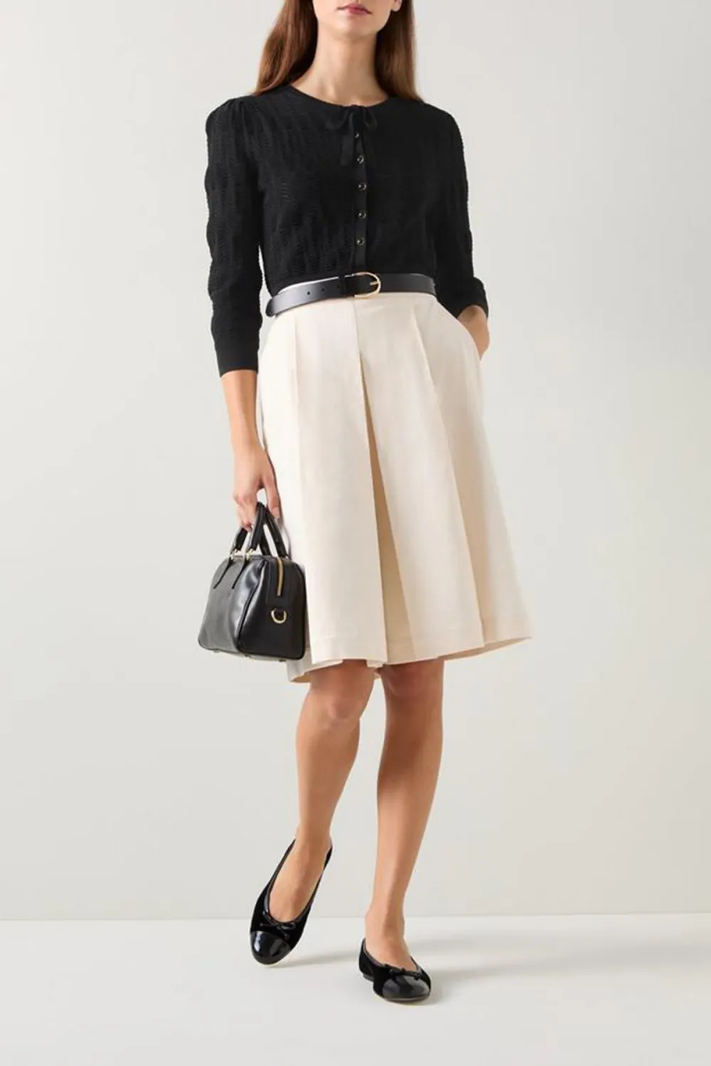 Beige Pleated Knee Length Shorts