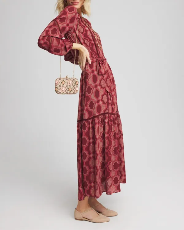 Red Patterned Long Sleeve Tiered Maxi Dress