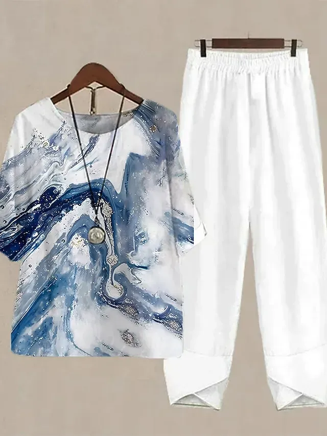 Women's Shirt Pants Sets Pants Trousers Basic White Pink Holiday Weekend Graphic Striped Print Round Neck S M L XL 2XL