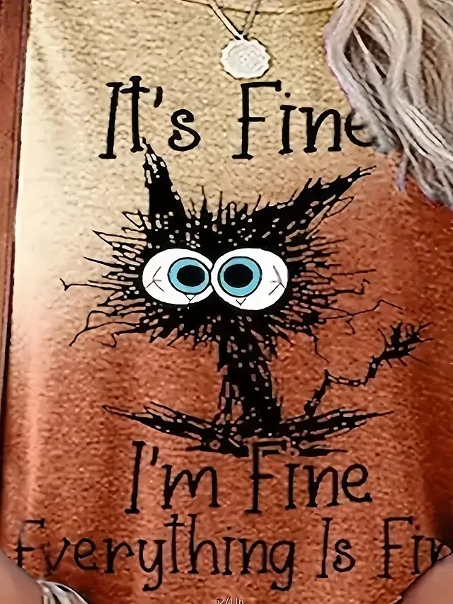 Women's T shirt Tee Yellow Blue Orange Cat Letter Print Short Sleeve Daily Weekend Basic Round Neck Regular Fit Cat Painting