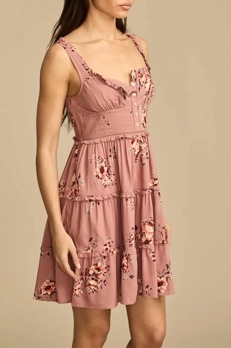 Pink Floral Tiered Ruffle Corset Midi Dress