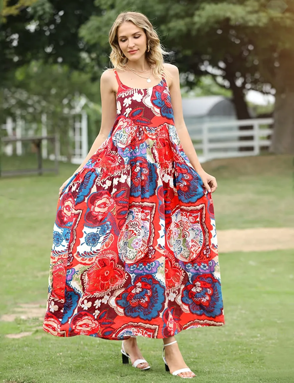 Summer Dresses for Women Casual Loose Bohemian Floral Dress with Pockets Spaghetti Strap Maxi Dress E75