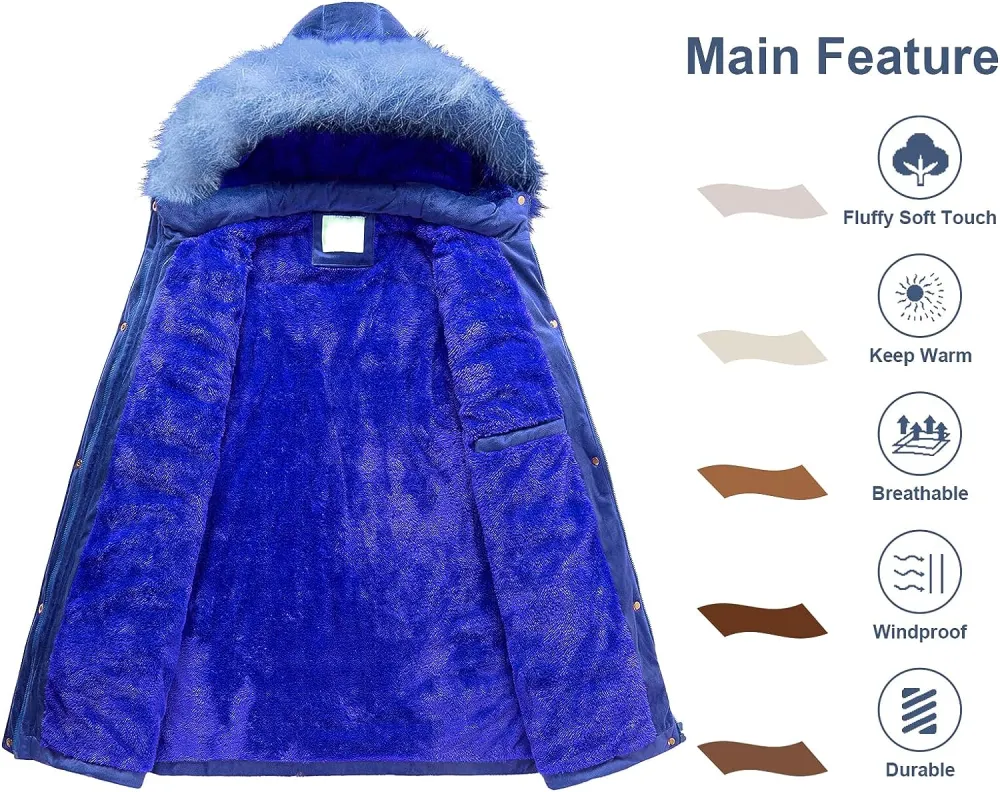 Women's Warm Winter Coat Velvet Puffer Jacket Quilted Faux Fur Hood