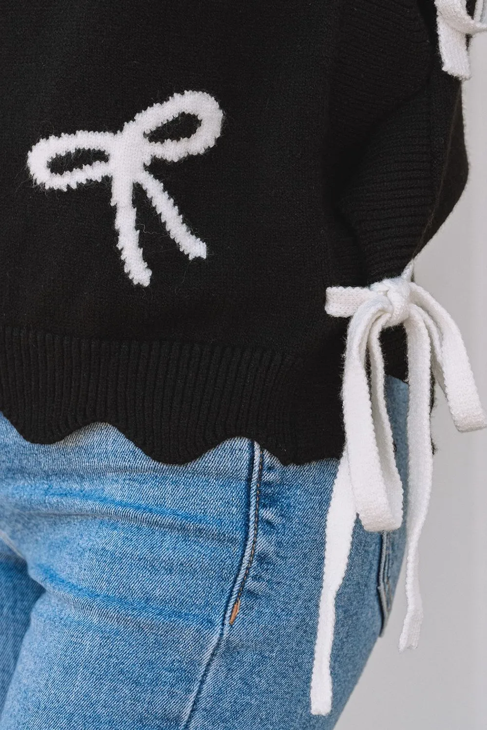 Bow Simple Temperament Fit versatile black  Knit Sweater