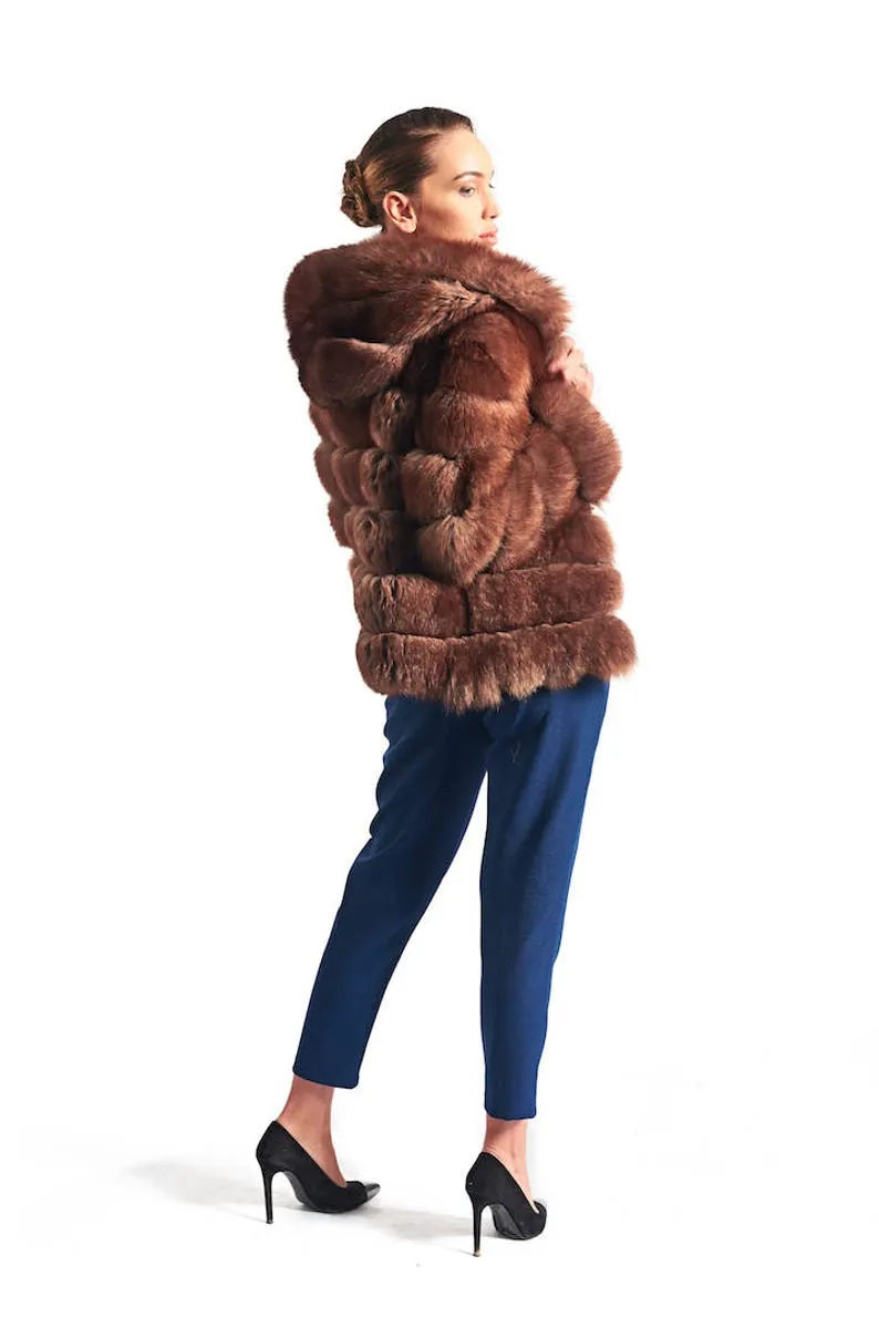Brown  Fox Fur Coat Women's Hooded