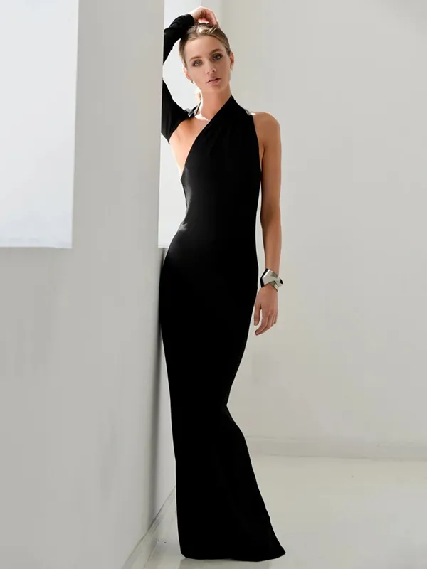 Stylish Skinny Asymmetric Hollow Backless One-Shoulder Maxi Dress