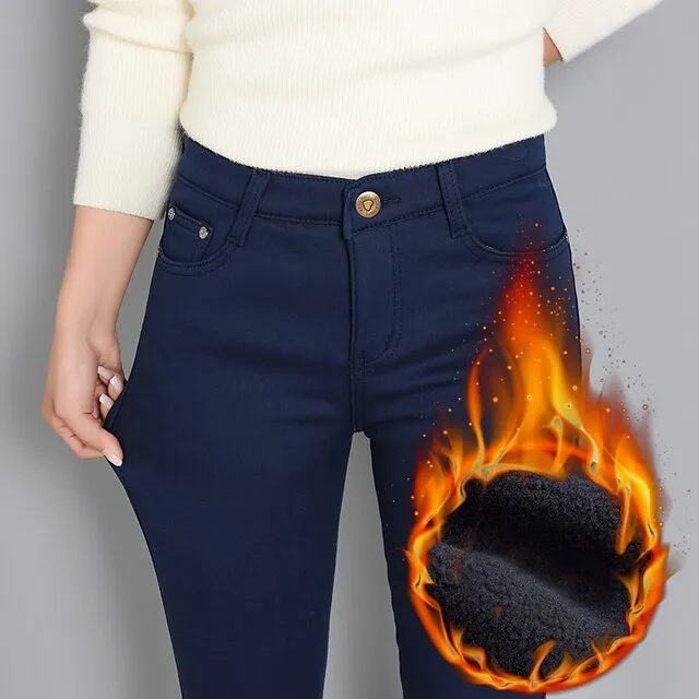 Women‘s Fleece Pants Tights Flannel Trousers lined Blue Purple Wine High Waist Fashion Office Causal Side Pockets High Elasticity Full Length Thermal Warm S M L XL XXL