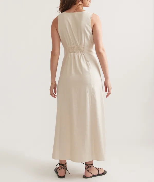 Creamy Buttoned Split-Hem Maxi Dress
