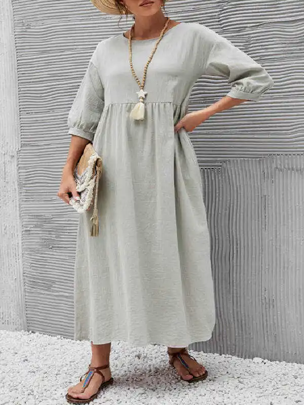 11 Colors Simple Round-Neck Solid Color Midi Dress