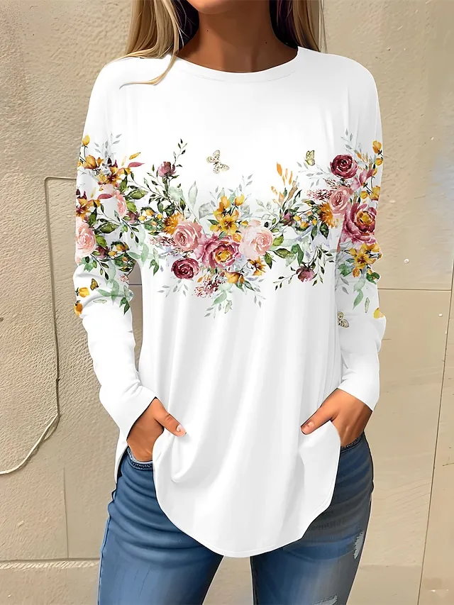 Women's T shirt Tee White Pink Red Floral Print Long Sleeve Holiday Weekend Basic Round Neck Regular Fit Floral Painting Fall & Winter