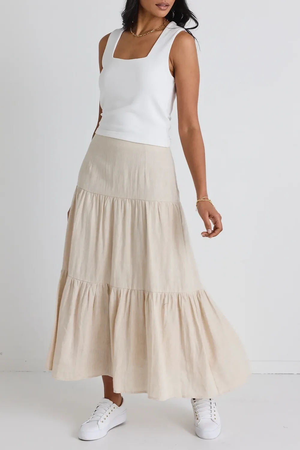 Tiered Linen Midi Skirt