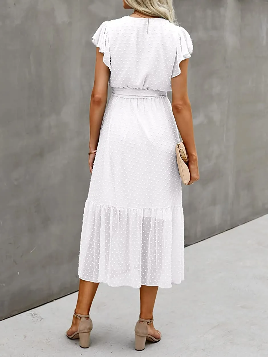 Women Summer Bohemian Floral Casual Wrap V Neck Ruffle Cap Sleeveless Belt A-Line Pleated Hem Swing Midi Sun Dress