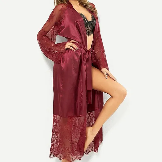 Women's Bathrobe Robes Gown Nighty Silk Kimono 1 PCS Pure Color Simple Casual Comfort Party Home Wedding Party Satin Gift V Neck Long Sleeve Lace Belt Included Summer Spring Black White