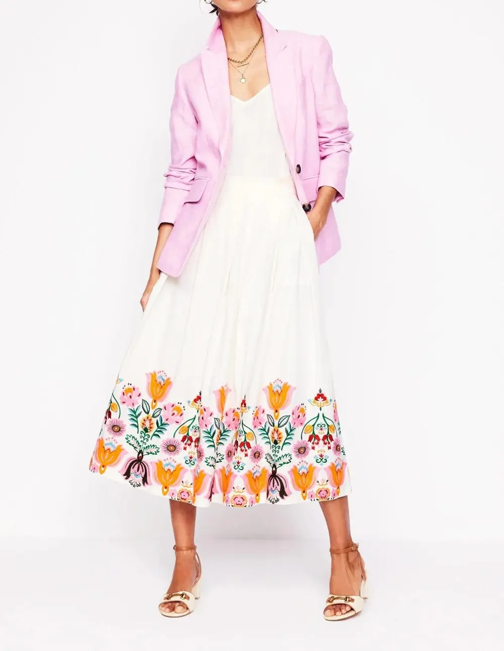 White Embroidered Verity Linen Midi Skirt