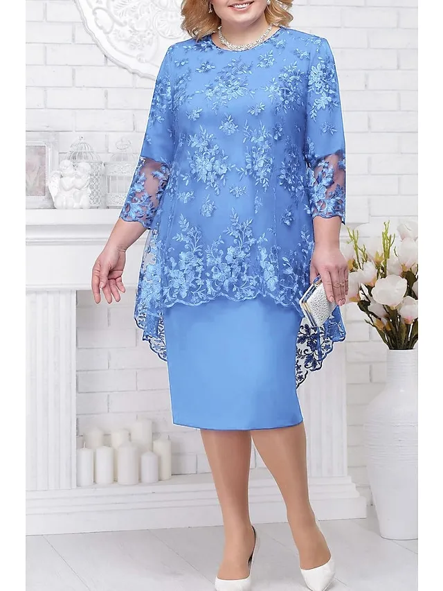 Women‘s Plus Size Party Dress Lace Dress Semi Formal Dress Midi Dress Navy Blue Blue Gold 3/4 Length Sleeve Floral Lace Summer Spring Fall Crew Neck Elegant Party Wedding Guest Dress