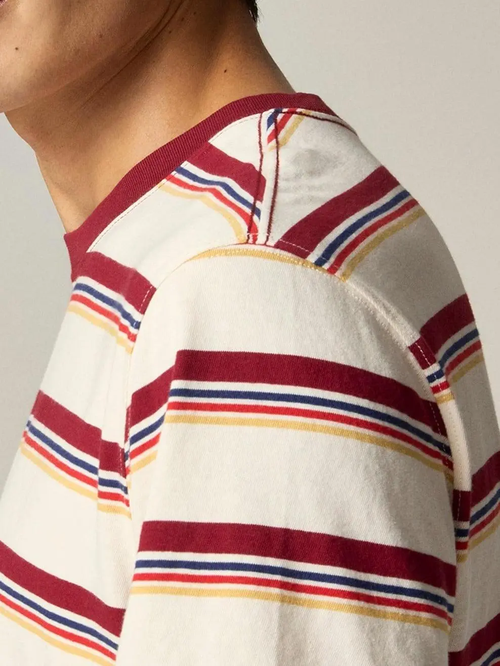 Cream And Maroon Striped Crew Neck T-Shirt