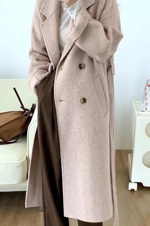 Solid Double Front Tie Breasted Lapel Coat