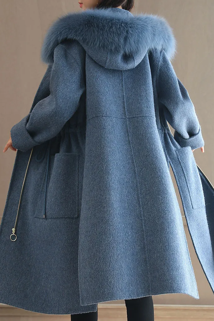 Solid Color Fur Collar Long Coat