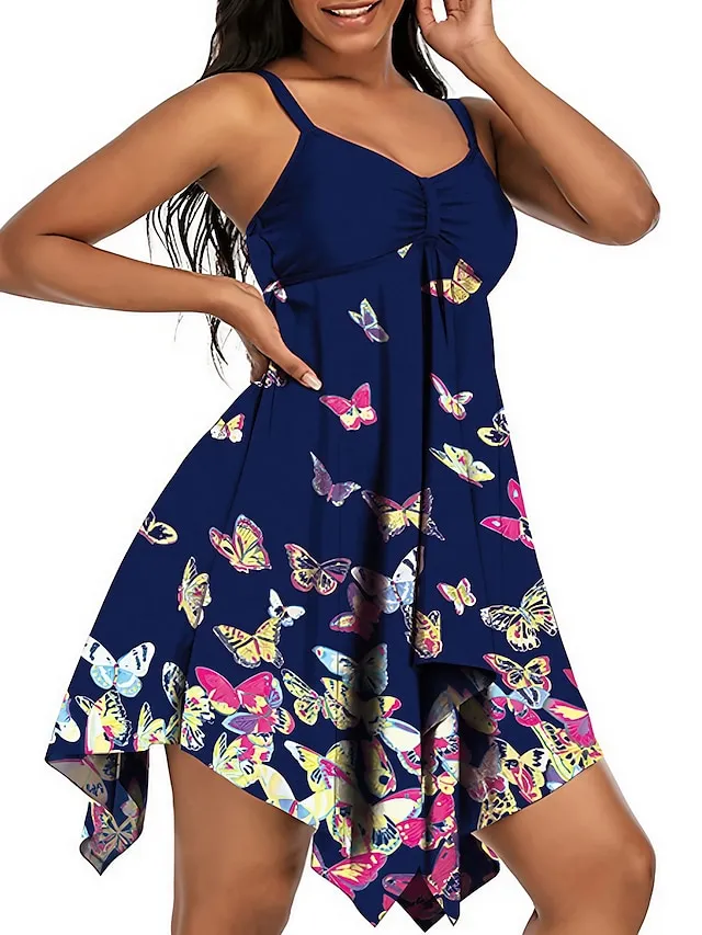 Women's Swimwear Swim Dress 2 Piece Plus Size Swimsuit 2 Piece Modest Swimwear Open Back Printing for Big Busts Animal Butterfly Navy Blue Camisole Strap Bathing Suits New Vacation Fashion