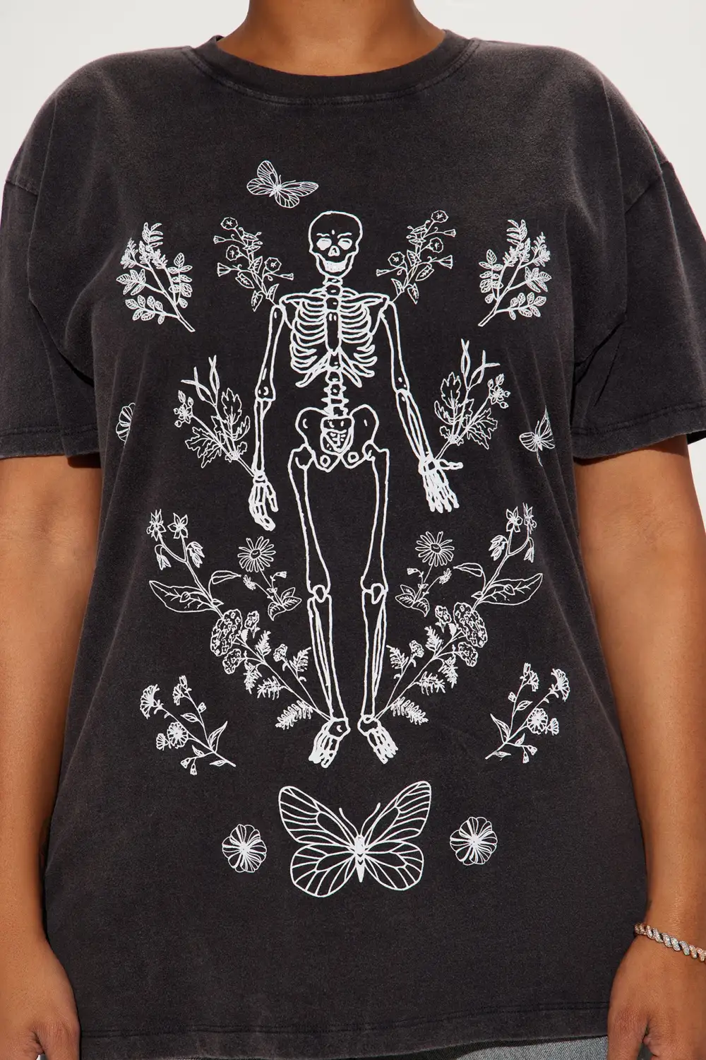 Skeleton And Flower Washed Tee - Black Wash