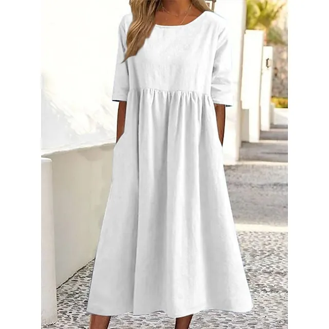 Women's Casual Dress Cotton Dress Swing Dress Midi Dress Cotton Basic Casual Outdoor Daily Crew Neck Pocket Smocked Half Sleeve Summer Spring Fall 2023 Loose Fit Light Blue Black White Pure Color S M