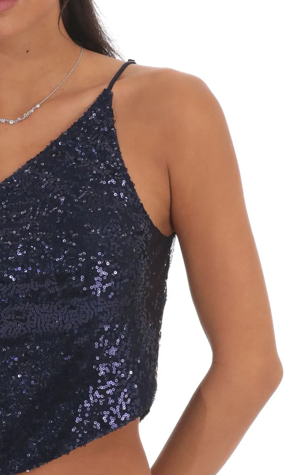 Sequin One Shoulder Tie Top in Navy