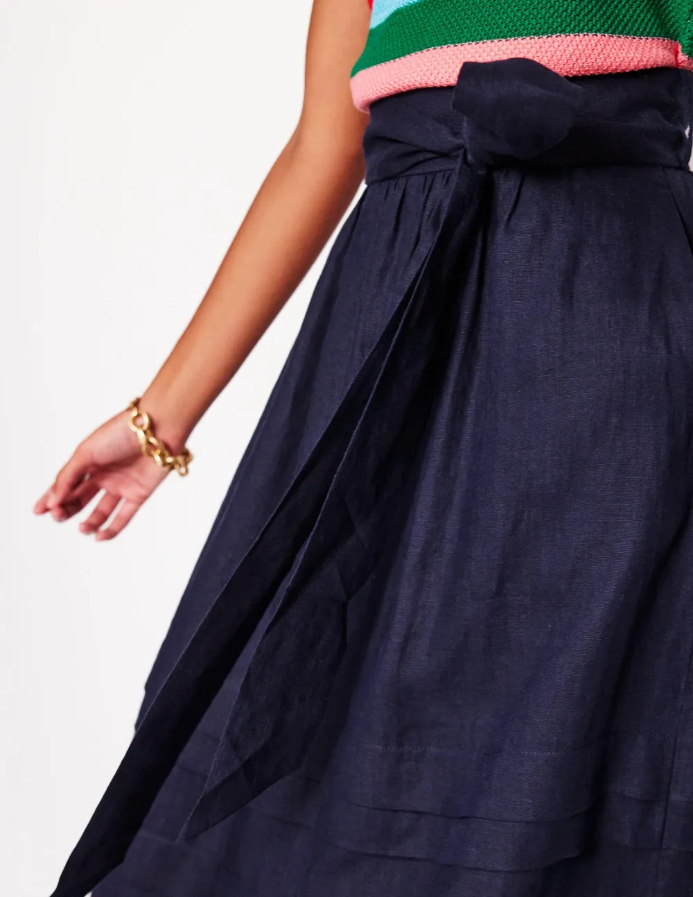 Navy Blue Tiered Belted Midi Skirt