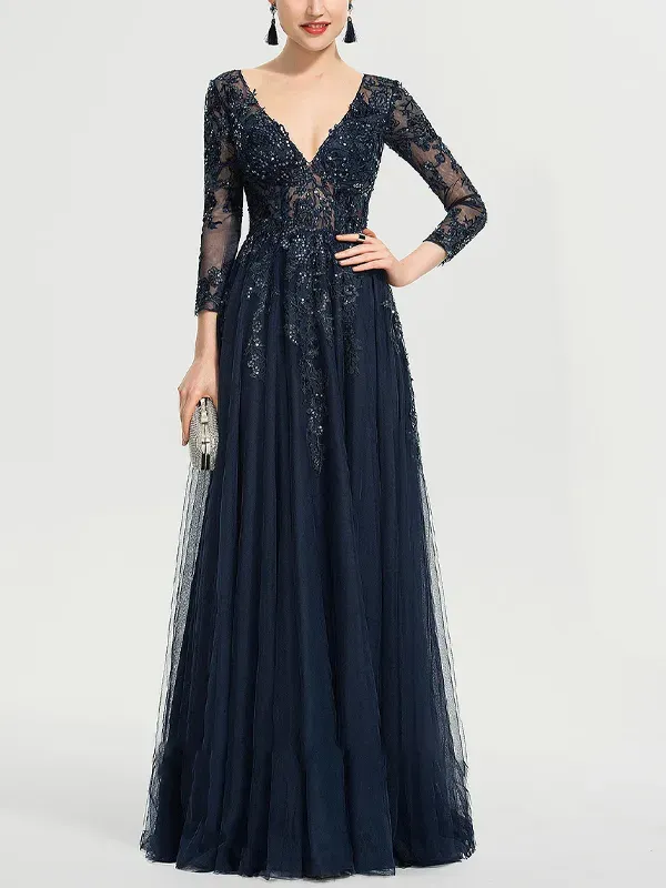 V-neck Sequined Long-sleeved Maxi Dress