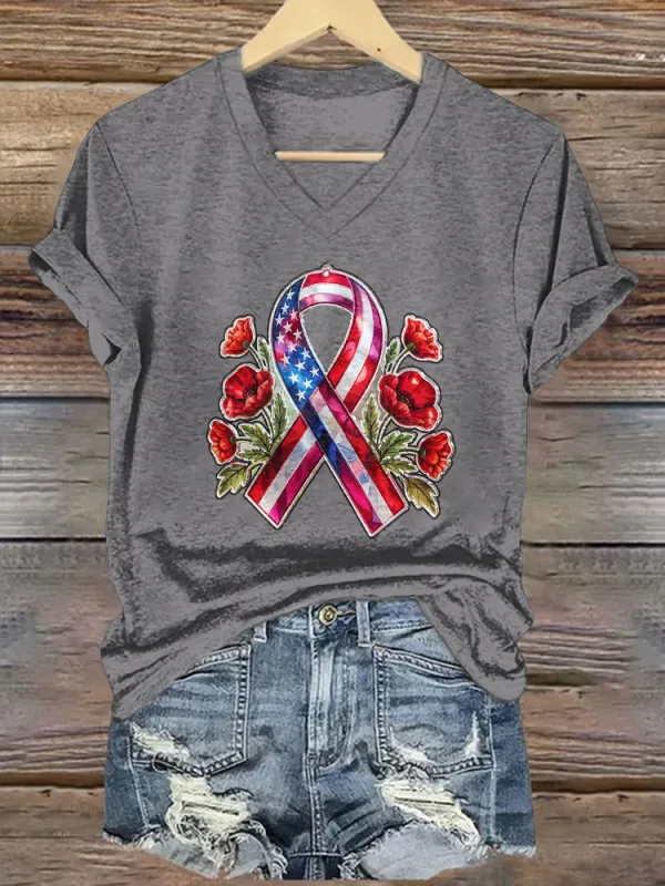 Women'S T-Shirt With Pattern Printing, Pure Cotton V-Neck Short-Sleeved T-Shirt