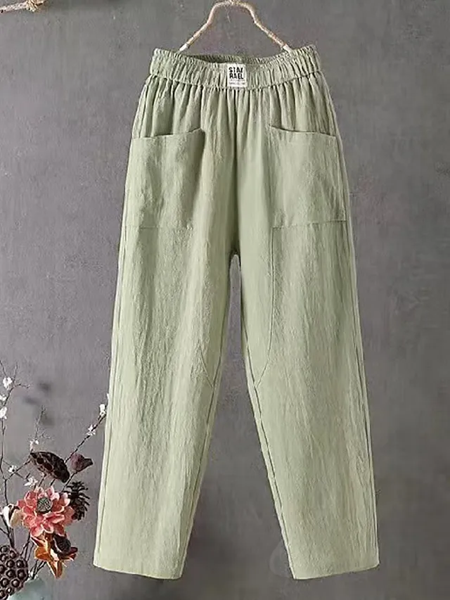 Women's Linen Pants Chinos Pants Trousers Cotton Solid Color Side Pockets Baggy Ankle-Length Micro-elastic Mid Waist Fashion Work Casual Black White M L Summer Spring &  Fall