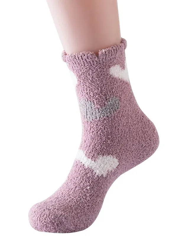 Polka-dot Bear Heart-shaped Graphics Warm Plus Velvet Coral Fleece Floor Socks
