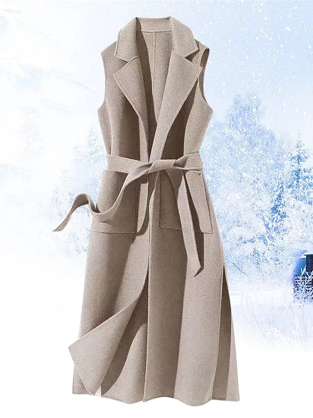 Women's Vest Winter Sleeveless Overcoat Long Pea Coat Fall Trench Coat with Belt Office Casual / Daily Fashion OuterwearBlack S