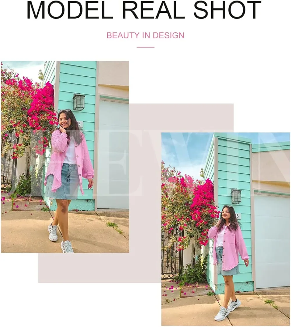 Womens Waffle Knit Button Down Shirts Casual Long Sleeve Shacket Jacket Boyfriend Tops Blouses Loose Fit