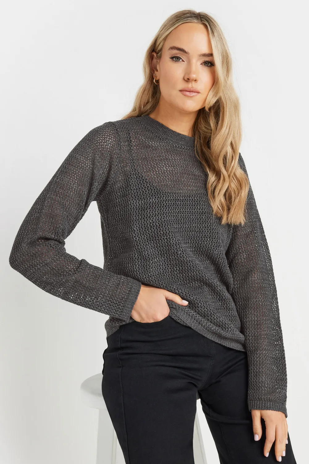 LTS Tall Charcoal Grey Metallic Pointelle Jumper