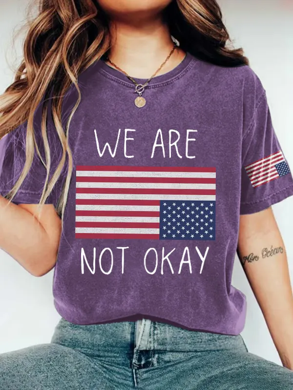 Women'S T-Shirt Retro We Are Not Ok Printed T-Shirt Wash Texture Pure Cotton Round Neck Short Sleeve