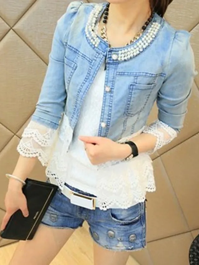 Women's Denim Jacket Spring Coat Lace Regular Fit Elegant Jacket Long Sleeve Solid Color Breathable Streetwear Pocket Blue Beaded Outdoor Street Daily